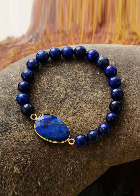 Boho Bracelet, Stretchy Bracelet, Blue Lapis Luzuli and Black Agate
